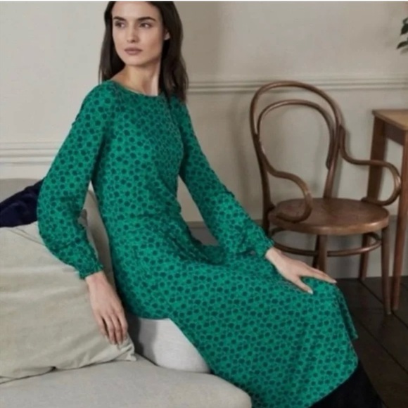 Boden Evelyn Jersey Long Sleeve Midi Dress in Green & Navy Print Size 16/18R - Picture 2 of 11